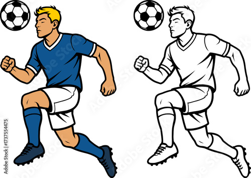 Dynamic vector of a soccer player in blue and white jersey jumping to head the ball colored and black and white outline style