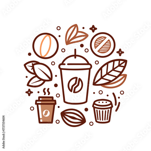 A hand-drawn coffee cup surrounded by coffee beans and leaves, vintage doodle style, simple line art on a beige background