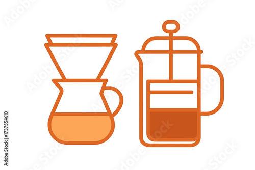 Modern coffee brewing equipment with pour over dripper and French press