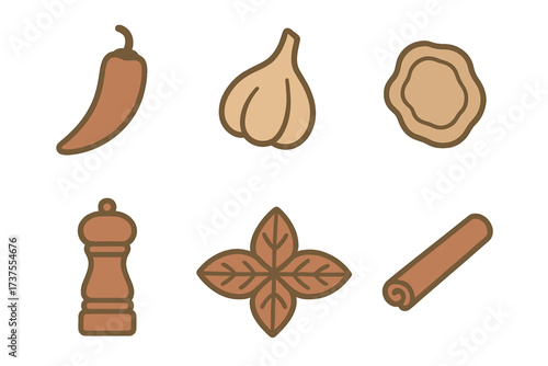 Collection of spices and herbs including chili, garlic, and cinnamon enhance flavors in cooking