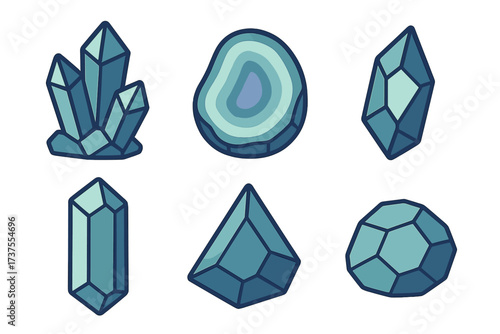 Various styles of blue crystals displayed together in a simple design showing uniqueness and beauty in nature