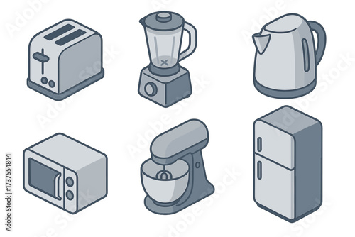 Various kitchen appliances including blender, kettle, toaster, and refrigerator in simple design