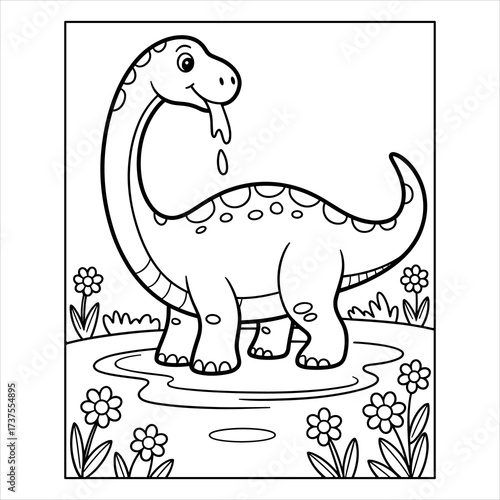 Cute Dinosaur Coloring Page for Kids, Cartoon Dino Illustration Vector, Adorable Dinosaur Coloring Book Page, Fun Prehistoric Animal Line Art, Happy Dinosaur Coloring Sheet, Printable Cartoon Dino 