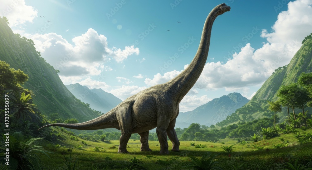 Obraz premium Majestic Brontosaurus in prehistoric landscape, symbol of dinosaurs and ancient wildlife, perfect for paleontology, education, and fantasy themes.