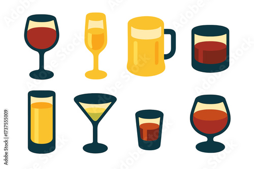 Collection of various alcoholic beverages in different glasses and mugs for celebration