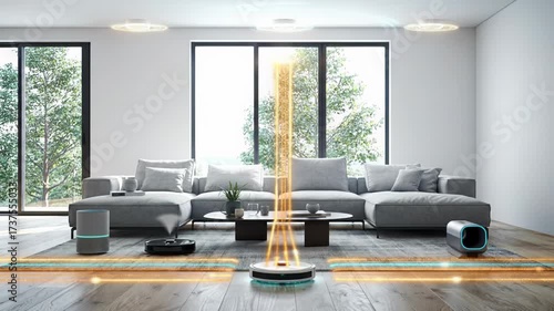 A pristine modern minimalist living room interior with an L-shaped sofa, where glowing orange data lines connect high-tech smart devices, illustrating seamless home automation
