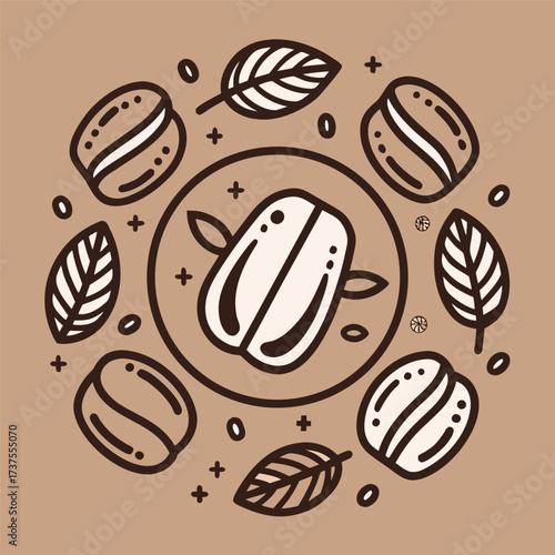 A hand-drawn coffee cup surrounded by coffee beans and leaves, vintage doodle style, simple line art on a beige background