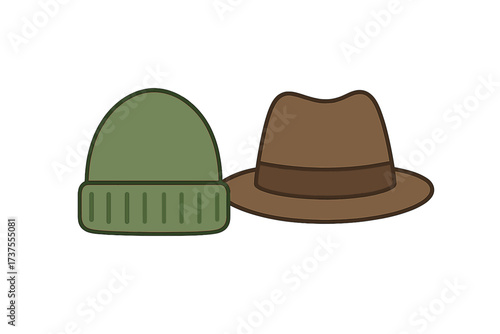Different styles of hats displayed together in a simple design with a green beanie and a brown fedora on a white background