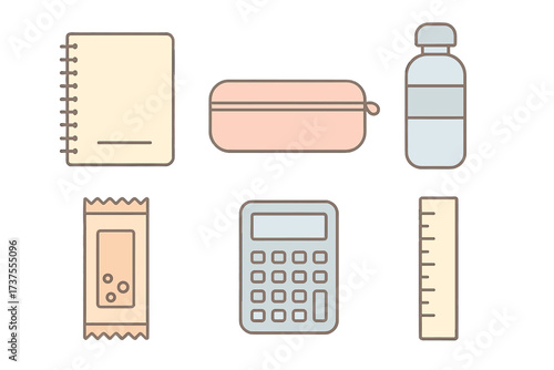 Collection of school and office supplies including notebook, calculator, ruler, and water bottle