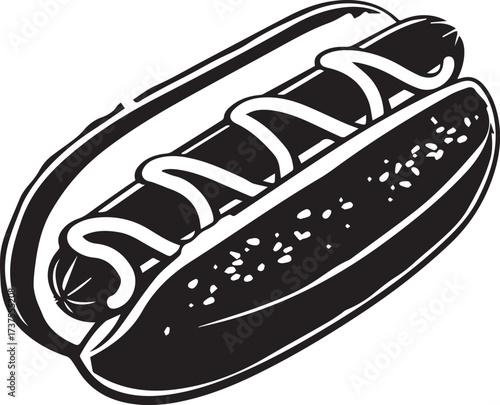 Black and white illustration of a hot dog with mustard isolated on white background