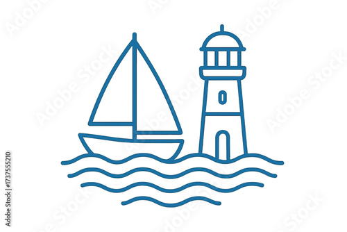 Sailboat and lighthouse on wavy water representing marine navigation and coastal safety