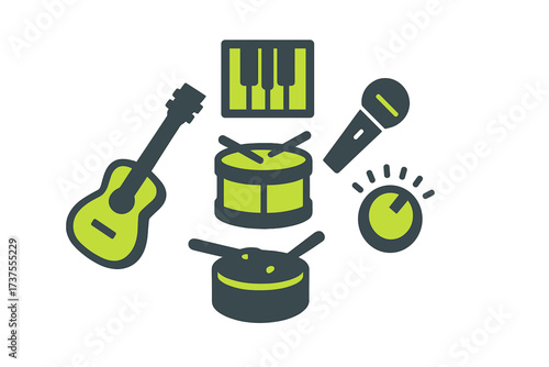 Collection of essential music equipment symbols: guitar, piano, drums, microphone