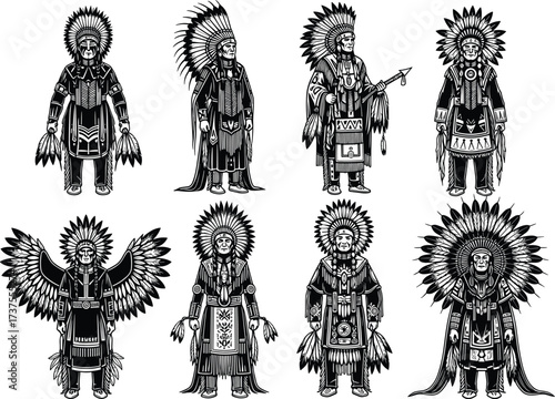 Black and white tribal chief illustration, traditional headdress costume design, cultural heritage artwork, indigenous vector art, ceremonial outfit drawing, native inspired artwork