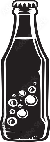 Black and white illustration of a soda bottle with bubbles, isolated on white background