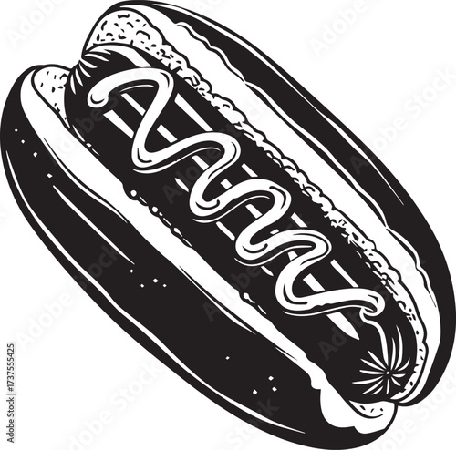Black and white illustration of a hot dog with mustard