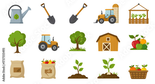 A collection of flat design icons representing various farming and gardening tools, equipment, plants, and produce, set against a white background.