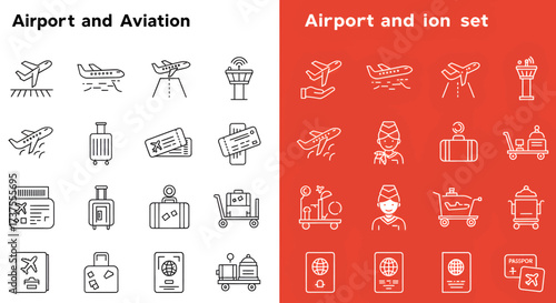 A collection of airport and aviation-themed icons presented in two distinct sets, one on a white background and the other on a red background.