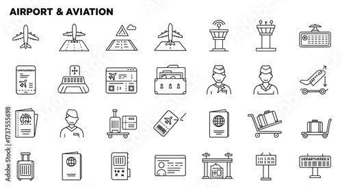 A collection of line icons representing various elements of airport and aviation travel.