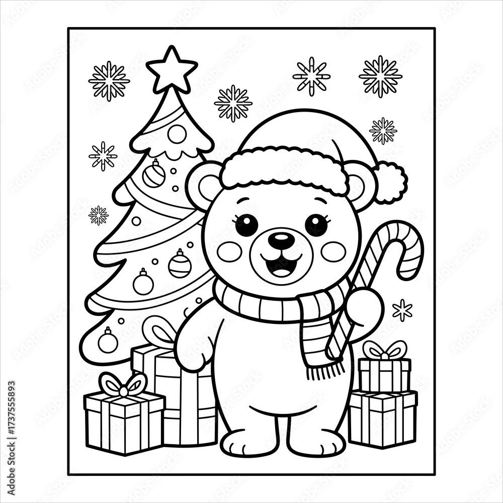 Obraz premium Cute Christmas Bear Coloring Page with Candy Cane and Gifts, Holiday Bear Coloring Sheet with Santa Hat and Christmas Tree, Festive Cartoon Bear Coloring Page for Kids and Winter Holidays.