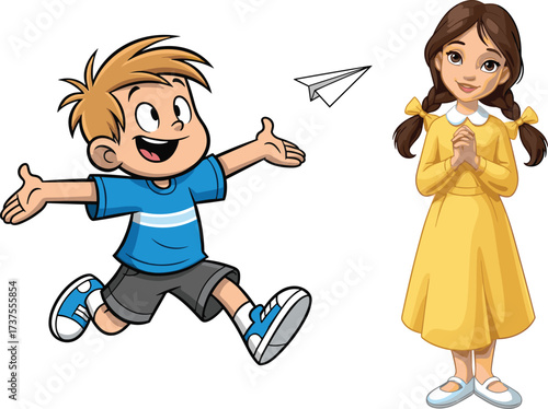 Cartoon boy jumping with paper airplane, happy child playing outdoors, smiling girl in yellow dress, childhood friendship, fun, joy, innocence