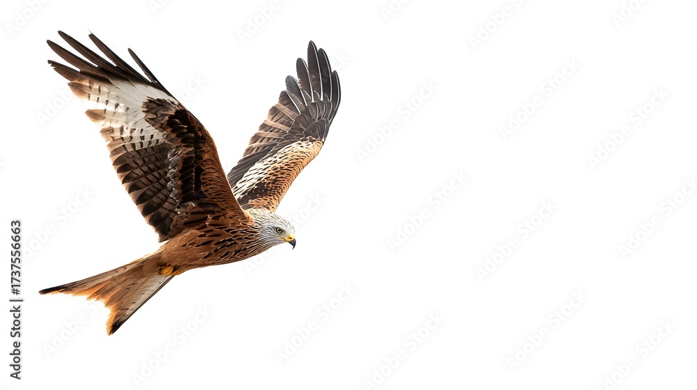 Obraz premium A majestic bird of prey, featuring vibrant brown and white plumage, soars elegantly across a vast, bright white background, its wings fully extended in flight, showcasing its impressive size and...