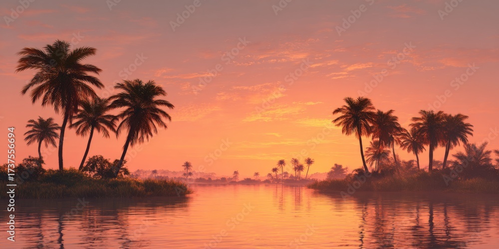 Obraz premium Vibrant Sunset Over Water with Palm Trees Silhouettes in Warm Hues of Orange and Pink Sky, Ideal for Summer Themes and Tropical Concepts
