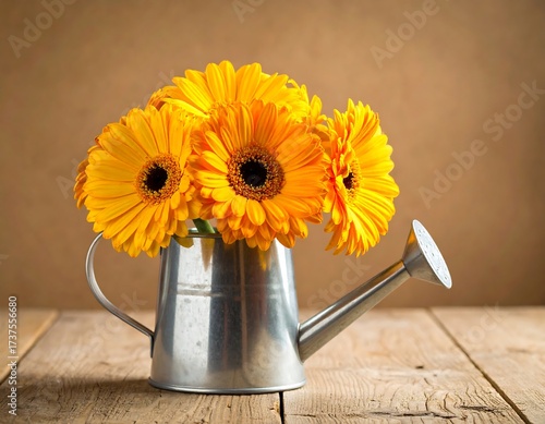 Yellow Gerbera Flowers in Watering Can.