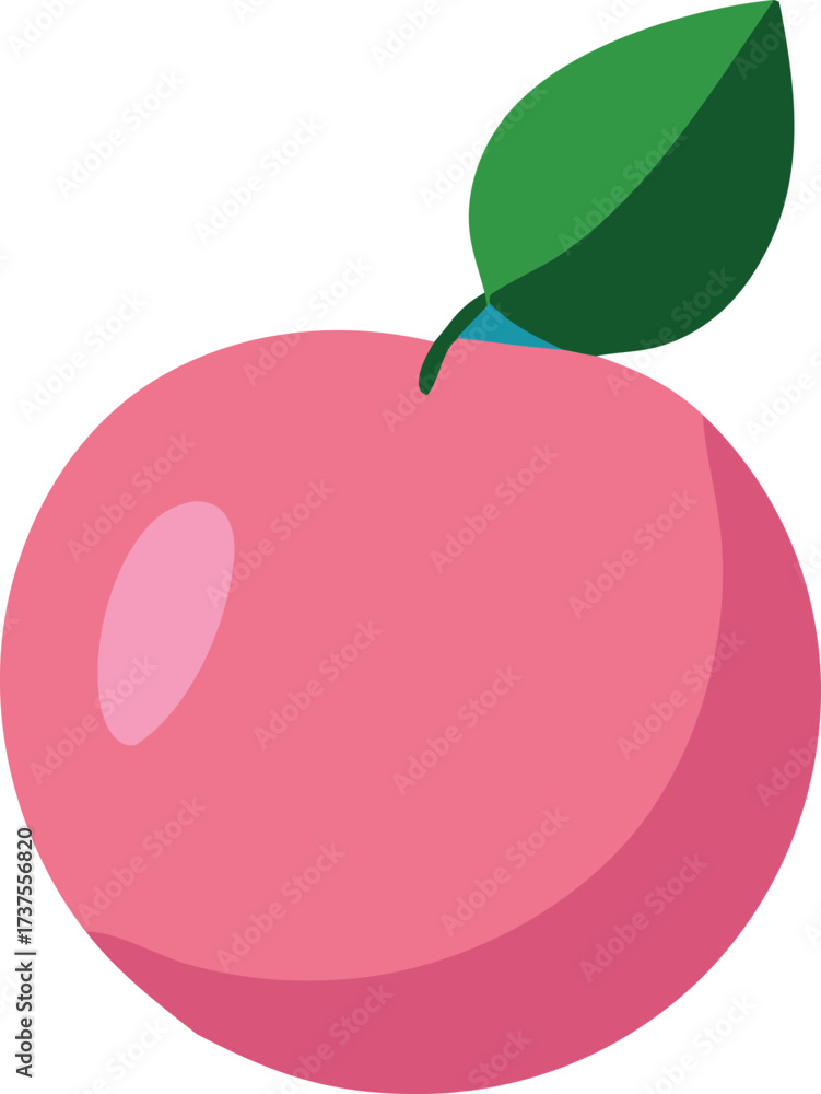 Fototapeta premium Vibrant pink peach with green leaf - fresh fruit icon for healthy eating and summer themes