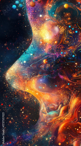 Cosmic, colorful abstract art piece depicting face in galaxy