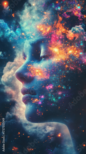 Dreamy cosmic face blends with vibrant nebulae and stars, evoking wonder