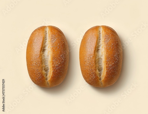 Two oblong bread rolls, split top, on beige background