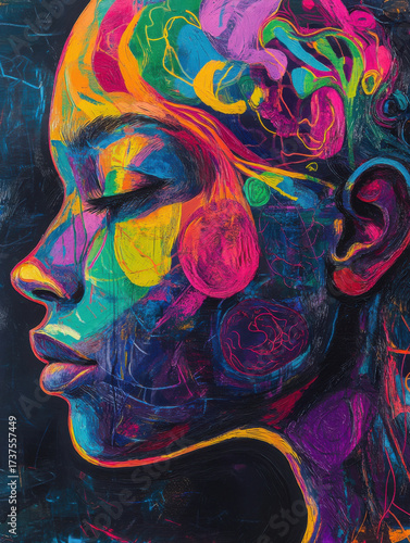 Vibrant abstract portrait of genderless figure with closed eyes