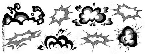 Black and white manga explosive effect clouds with dynamic burst patterns for action scenes. Comic book style smoke puffs, impact explosions and pow symbols. Japanese cartoon battle graphics.