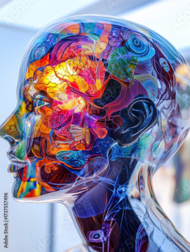 Transparent figure with colorful brain patterns, futuristic and vibrant
