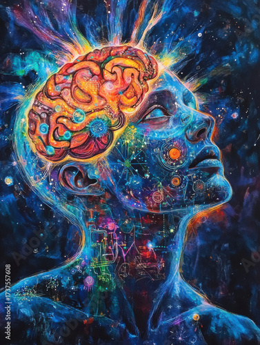 Vibrant depiction of human figure with illuminated brain in cosmic setting