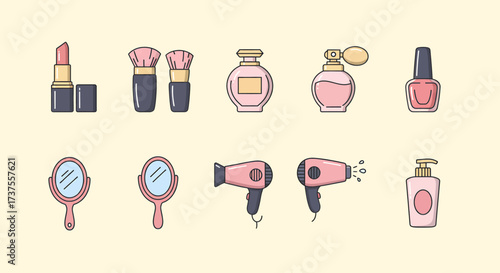 Collection of beauty products and accessories for makeup and hair styling.