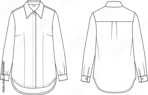 Long sleeve shirt technical sketch, front and back view, button-up design, fashion flat, CAD drawing, vector illustration, garment construction template