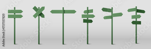 Green pole sign arrow collection with directional indicators and crossroads markers. Various multi directional posts, crossed signage layouts and pathway guidance elements for navigation design.