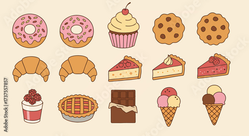 Collection of delicious baked goods and desserts in a flat illustration style.