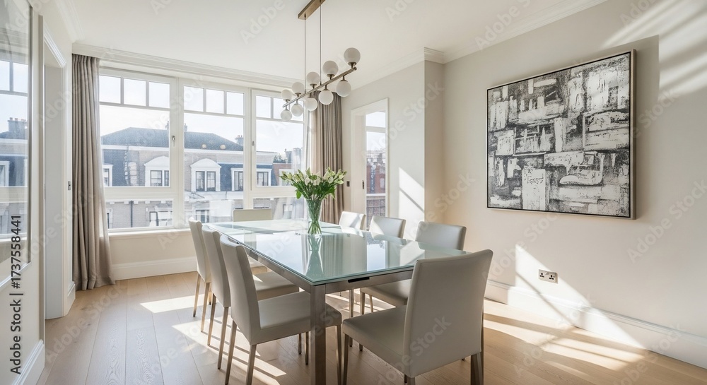 Fototapeta premium Bright dining room with large windows and modern art.