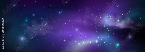 Cosmic space background with planet and nebula clouds for galaxy wallpaper. Purple, green and blue stellar formations with twinkling stars and gas clusters. Deep universe panorama for astronomy