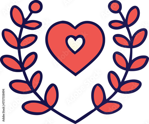 Charming hand-drawn red heart emblem with floral branches symbolizing love and romance for various occasions