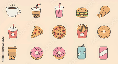 Colorful hand drawn fast food and drink icons collection.
