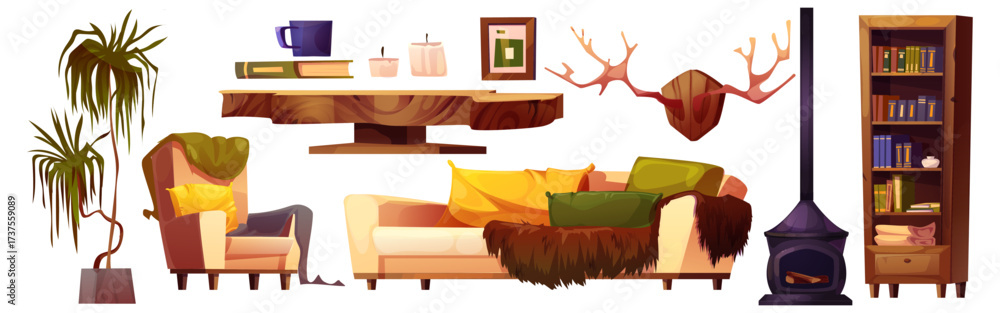 Fototapeta premium Cozy cabin living room with rustic wooden furniture, colorful throw pillows and fireplace on white. Lodge home interior elements of armchair and sofa, bookshelf, antler wall mount and houseplants.