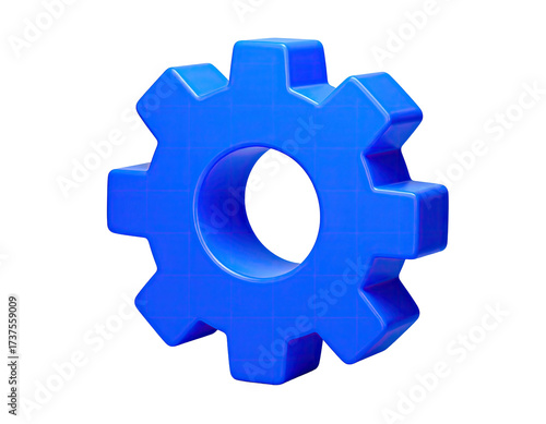 A vibrant blue gear icon with a clean design, seemingly floating against black