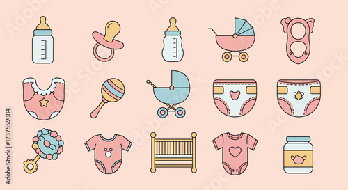 Cute collection of baby care and newborn essentials icons.