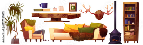 Cozy cabin living room with rustic wooden furniture, colorful throw pillows and fireplace on white. Lodge home interior elements of armchair and sofa, bookshelf, antler wall mount and houseplants.