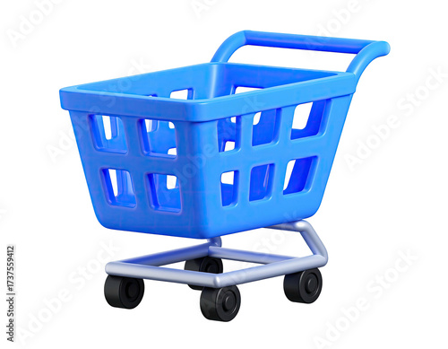 3D rendered, bright blue shopping cart on a transparent background