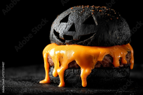 Halloween burger with black charcoal bun, orange cheese dripping, glowing pumpkin face carved into the bun, isolated on dark background