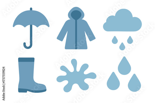 Collection of blue weather elements and protective gear for rainy days